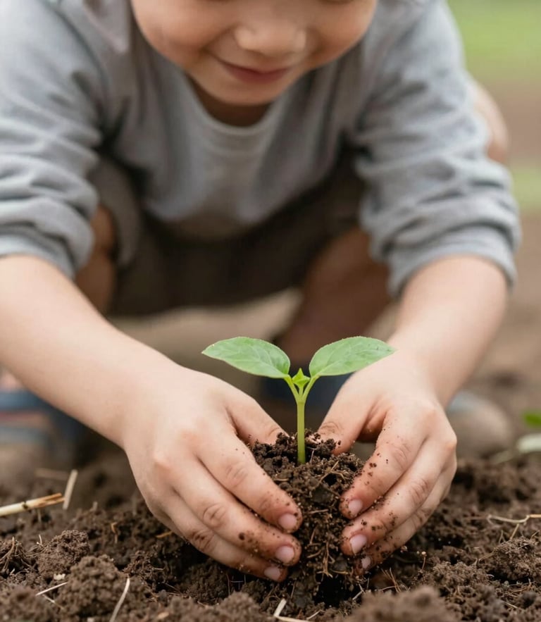 Candid eye-level photo of a young child with muddy hands smiling warmly while planting a small green sprout in soft soil, natural diffused morning light, shallow depth of field.
