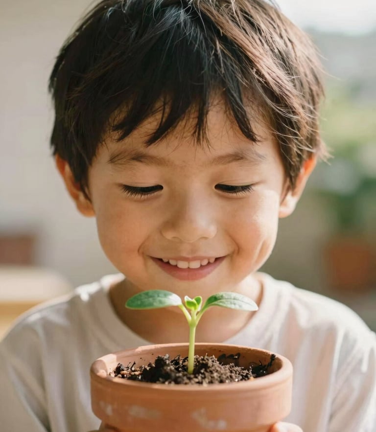 Candid eye-level portrait of a young child smiling while looking at a small green sprout in a terracotta pot, soft warm natural daylight, shallow depth of field, 35mm lens