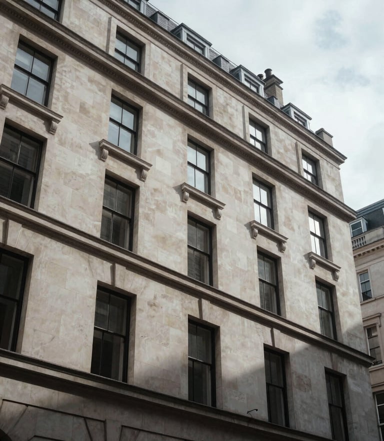 Low-angle architectural photograph of a Portland stone facade in Mayfair, sharp overcast London daylight, deep shadows, corporate editorial style.