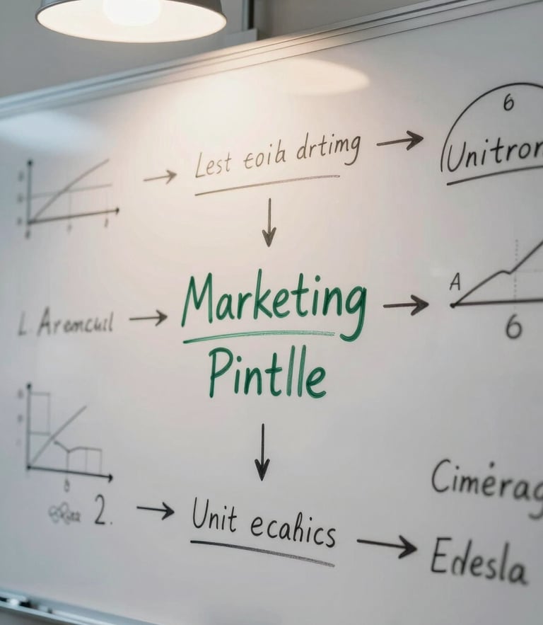 Tight macro shot of a physical whiteboard with complex marketing pipeline equations and unit economics models sketched in dark green ink under focused desk lamp light.