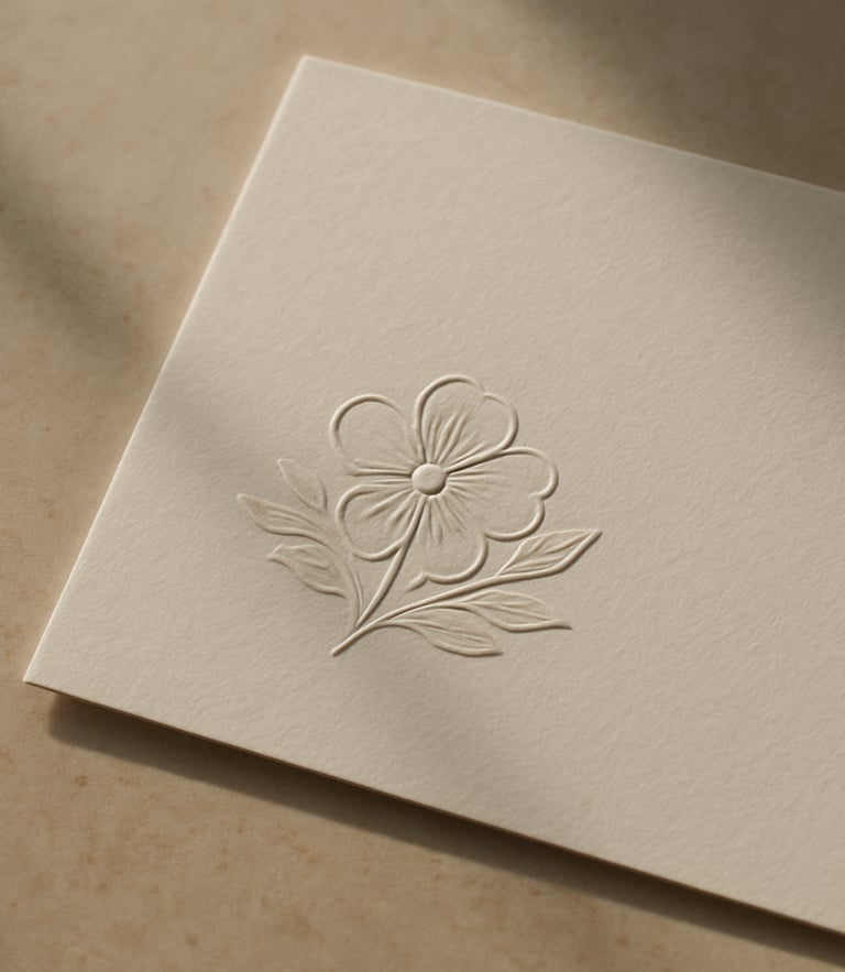 Macro close-up of embossed ivory paper collateral resting on a warm beige stone surface, soft diffused daylight casting gentle shadows, minimal composition with generous negative space, editorial 35mm film texture.