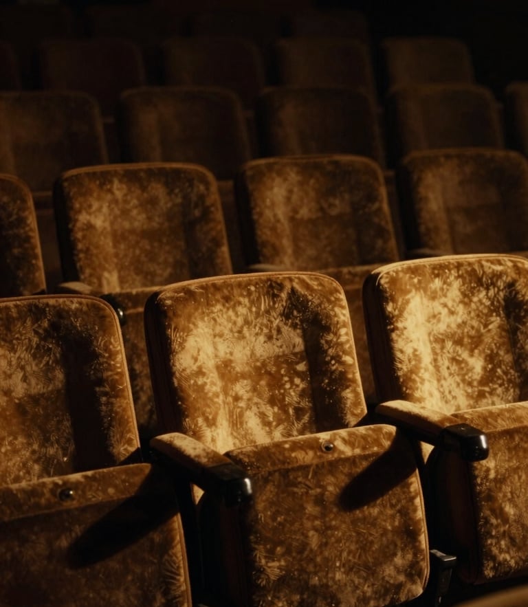 Dramatic low-key cinematic film still, rich shadows, warm golden light catching empty velvet theater seats, 35mm anamorphic lens