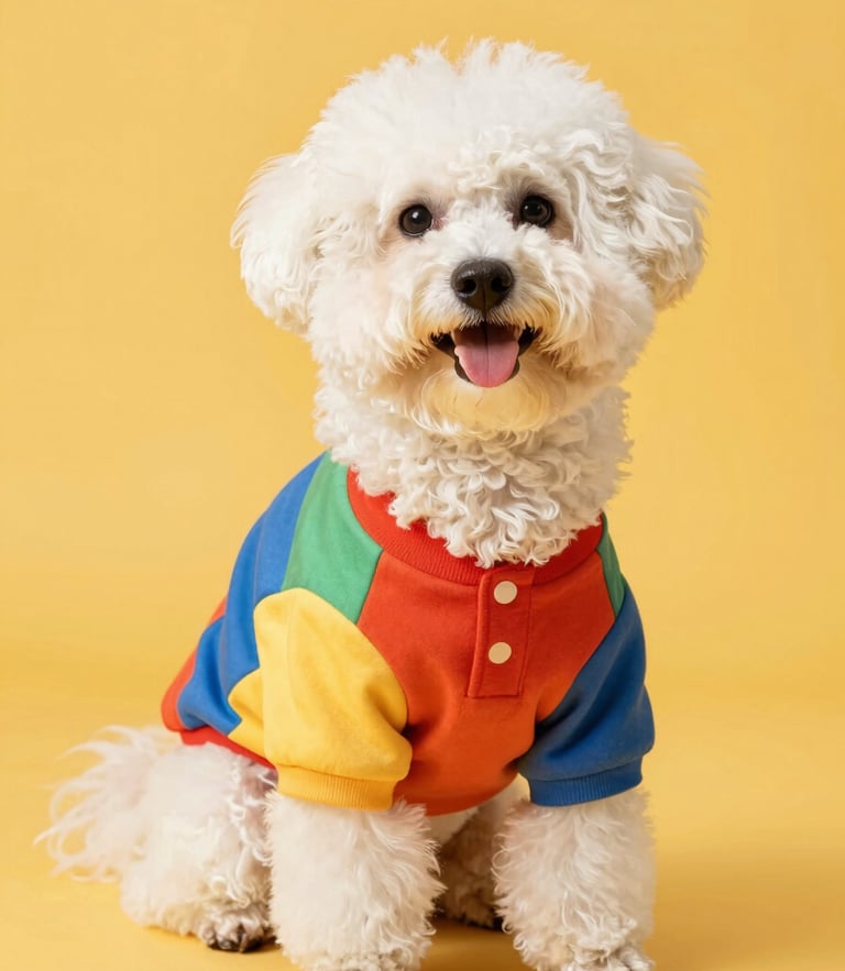 A joyful fluffy dog wearing a custom colorful shirt looking at the camera, bright warm studio lighting, cheerful tones