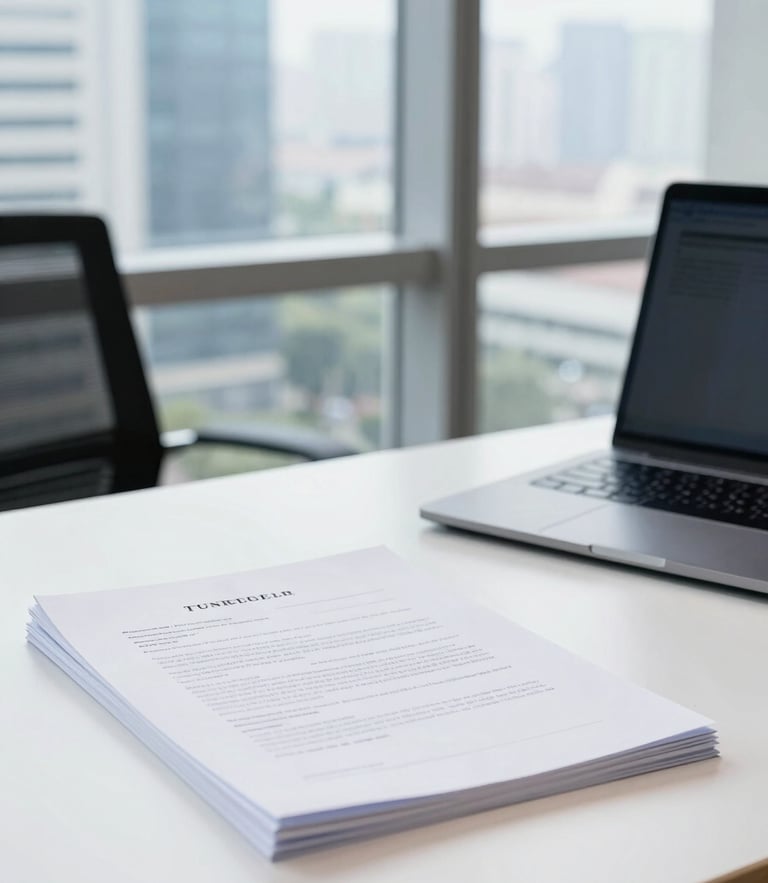 Bright modern office in Jakarta, clean desk with legal documents and a laptop, soft window light, professional corporate atmosphere