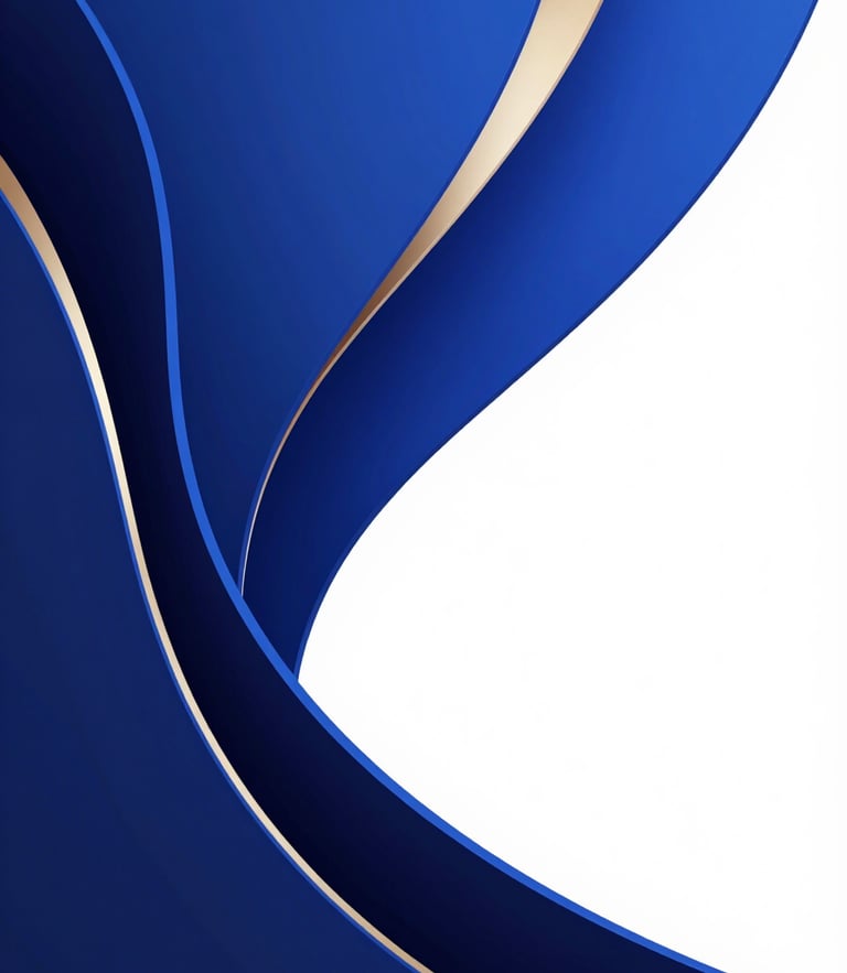 A premium abstract 3D render under soft studio lighting, featuring elegant sweeping geometric curves in royal blue and deep navy, with delicate champagne gold highlights and generous negative space.