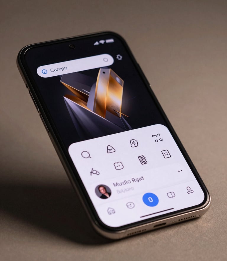 Macro studio shot of a modern Android foldable device displaying a high-contrast, accessible user interface, neutral studio lighting, soft shadows