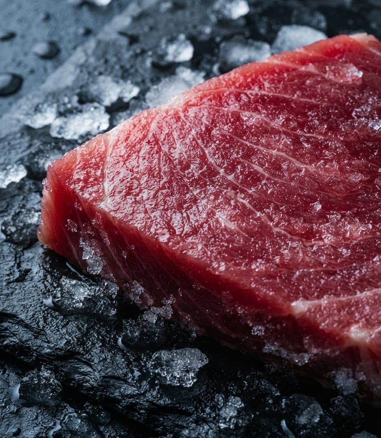 Macro shot of deep red sashimi-grade yellowfin tuna loin on dark slate with ice crystals, cool oceanic lighting, sharp focus