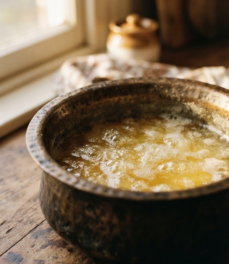 Macro shot of liquid golden A2 cow ghee slow-simmering in a traditional bronze vessel, soft side-lit window shadows, warm editorial photography