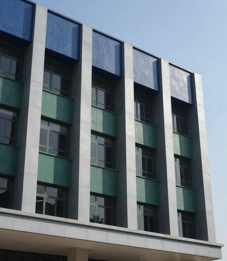 Architectural detail of a modern institutional building in Islamabad, clean lines, professional daylight, 35mm