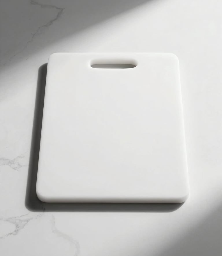 Stark minimalist product photography of a blank monolithic cutting board on a white marble slab, hard shadows, clinical studio lighting, monochrome.