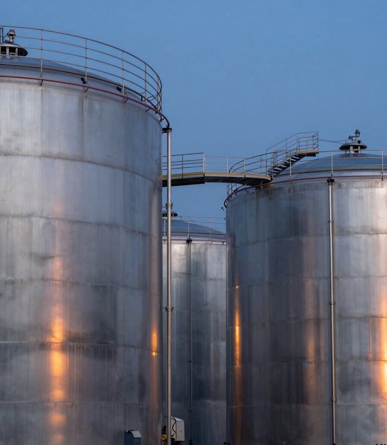 Industrial architectural photography of massive steel storage tanks at twilight, cool steel tones with warm amber accents, wide-angle lens, sharp focus