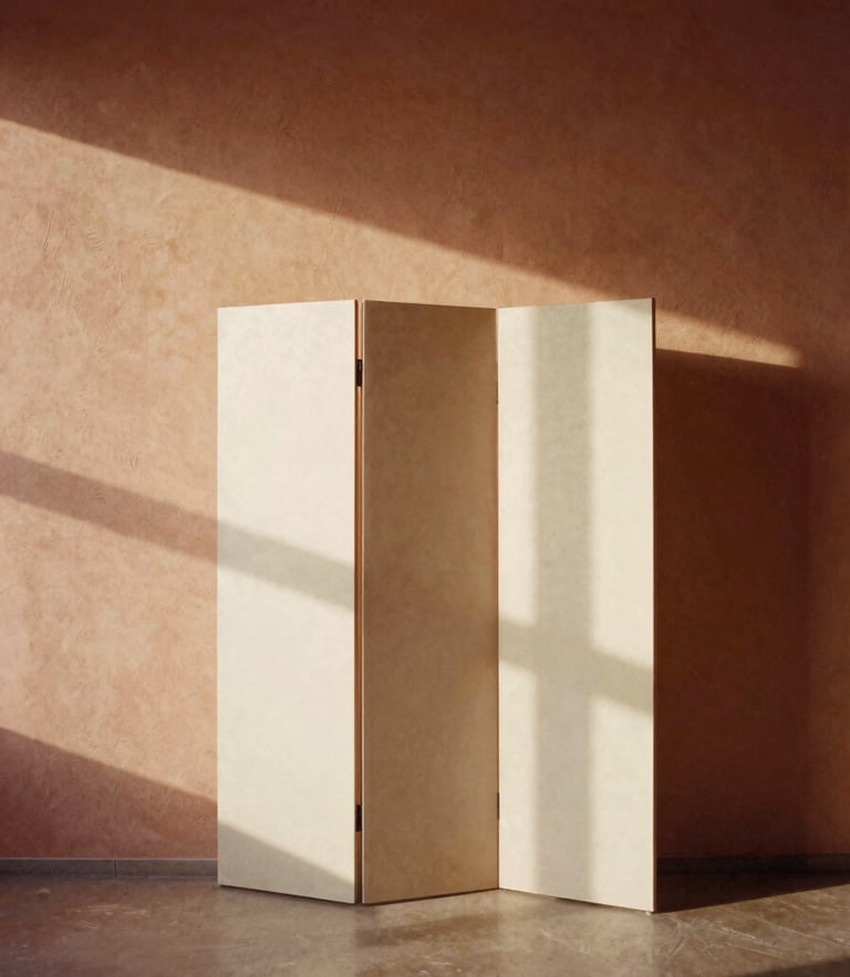Warm architectural photography of a minimalist living space, soft afternoon sunlight casting long diagonal shadows on a textured plaster wall, a folding room divider standing off-center, muted terracotta and warm cream tones, medium format film.