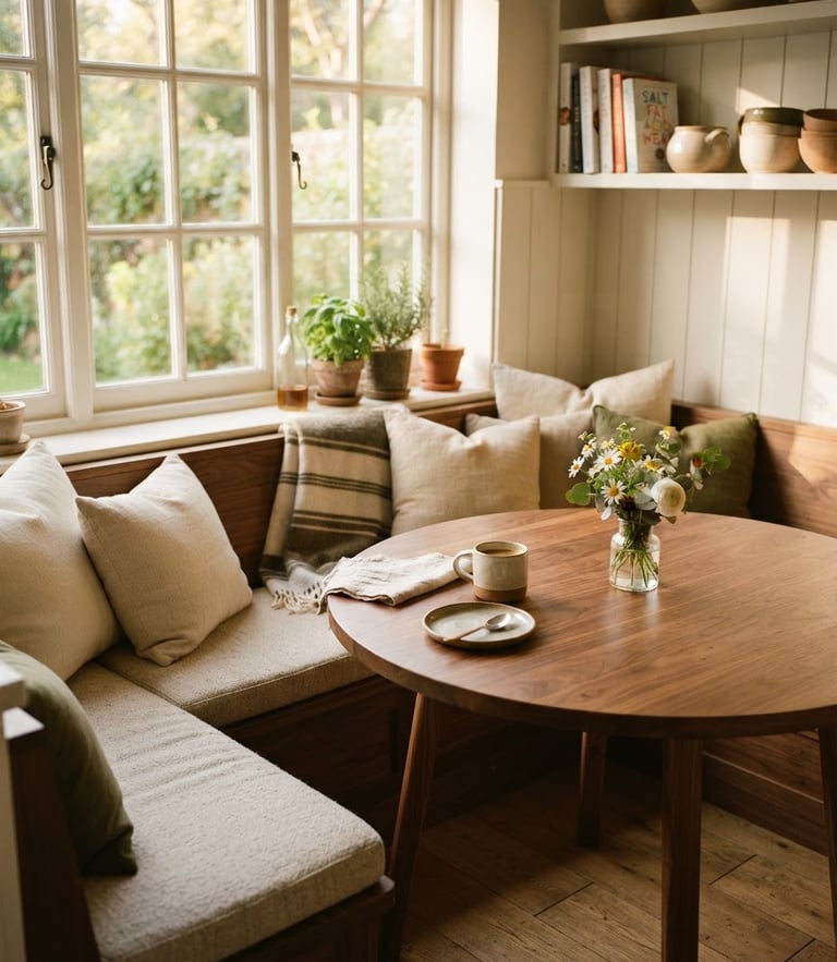 Warm morning window light illuminating a beautifully styled corner breakfast nook with walnut wood table and oatmeal fabric cushions, medium environmental shot, shallow depth of field.