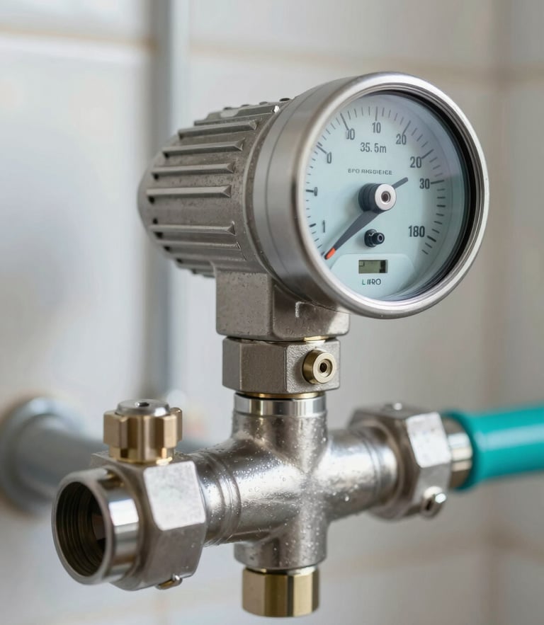 Close-up of a modern stainless steel domestic water pump pressure controller, bright natural daylight, clean residential utility room, professional 35mm lens