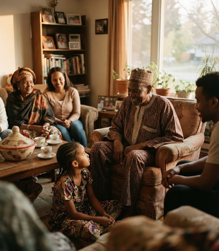 A warm editorial portrait of Zaghawa elders and youth gathered together in a bright Canadian living room, soft natural golden-hour light, rich earth tones, shallow depth of field, 35mm.