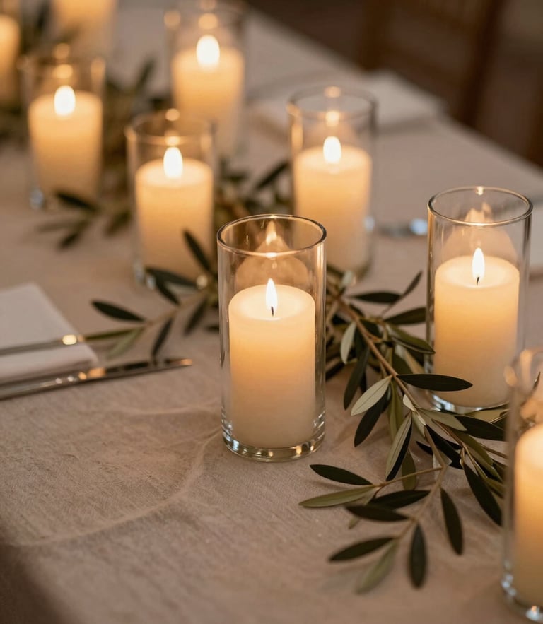 Medium shot of a beautifully decorated wedding table with multiple glowing glass cylinders of different heights, linen tablecloth, olive branches, warm evening candlelight.