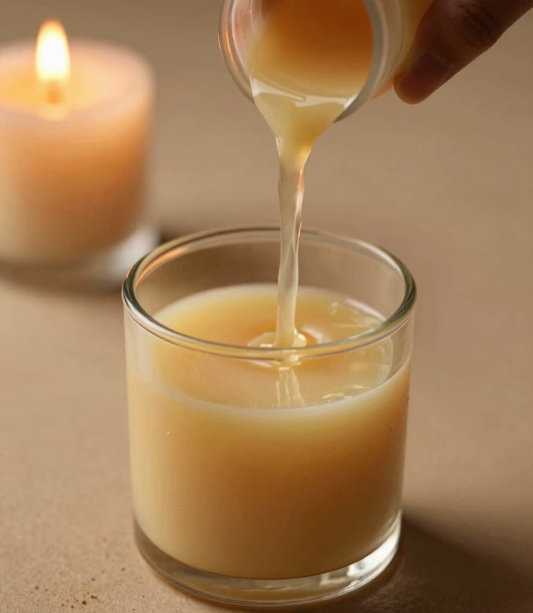 Macro shot of liquid soy wax being poured by hand into a clean glass cylinder, warm candlelight reflections, soft golden-hour shadows, shallow depth of field.