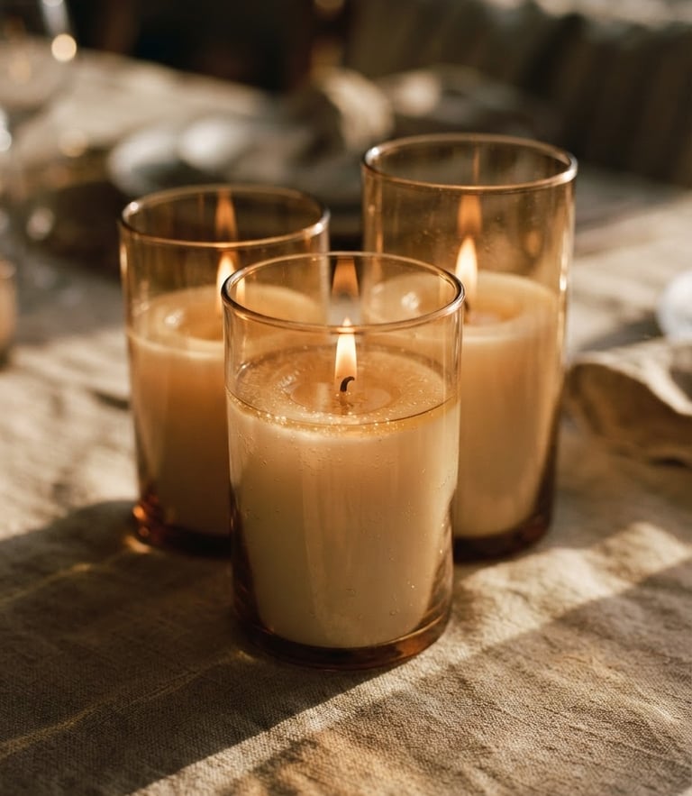 Close-up of glowing glass cylinders filled with soy wax, flickering candlelight reflecting on a linen table, warm golden hour shadows, shallow depth of field, 35mm
