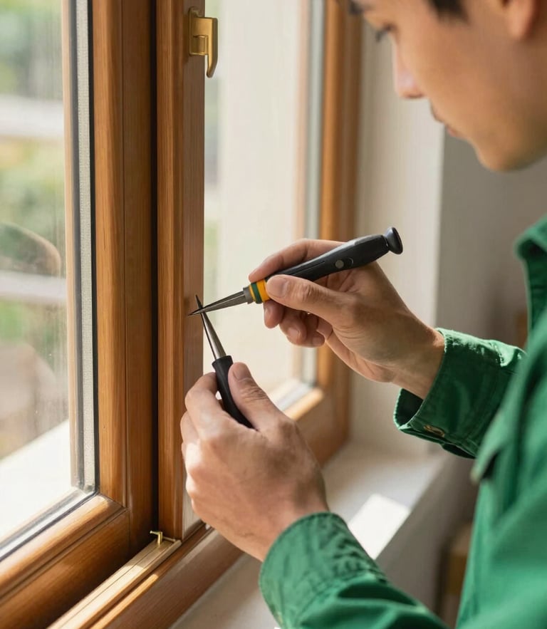 Close-up of a professional technician carefully repairing a wooden window frame with precision tools, bright natural daylight, warm green accents, shallow depth of field.
