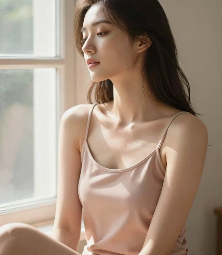Warm editorial photography of a woman sitting peacefully by a sunlit window, wearing a soft blush-toned camisole, shallow depth of field, natural unposed moment, 35mm.
