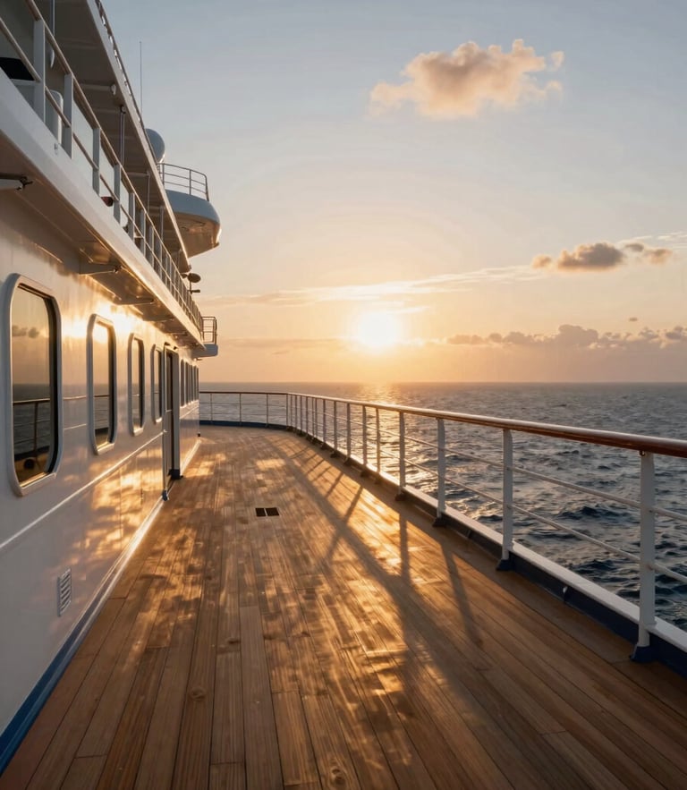 A high-end cruise ship deck at sunset, warm golden light reflecting off a clean wooden deck, open ocean in the background, cinematic composition