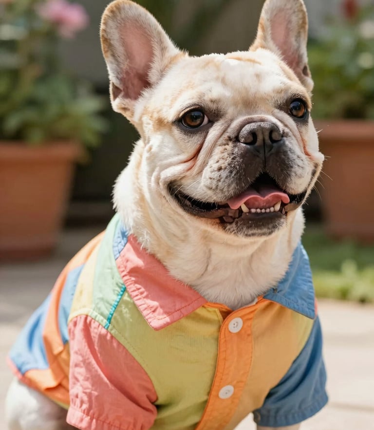 Bright eye-level portrait of a happy French bulldog wearing a custom-tailored colorful cotton shirt, warm natural sunlight, soft-focus garden background highlighting fabric texture