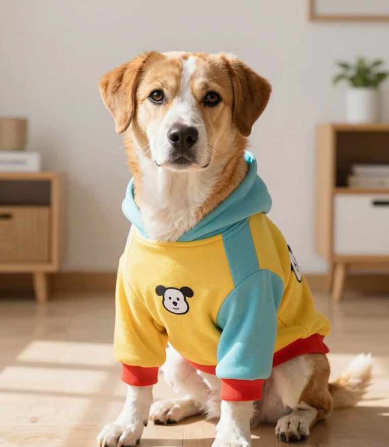 Un perro feliz vistiendo una sudadera colorida de Patitas Coquetas, sentado en un estudio iluminado con luz natural cálida, enfoque suave al fondo.