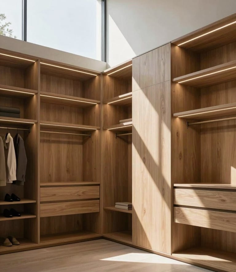 Wide architectural photograph of a bespoke walk-in closet in a modern Riyadh villa. Natural morning light streams through a high window, casting soft shadows on warm natural oak panels and integrated LED strip lighting. Flawless joints, minimalist luxury.