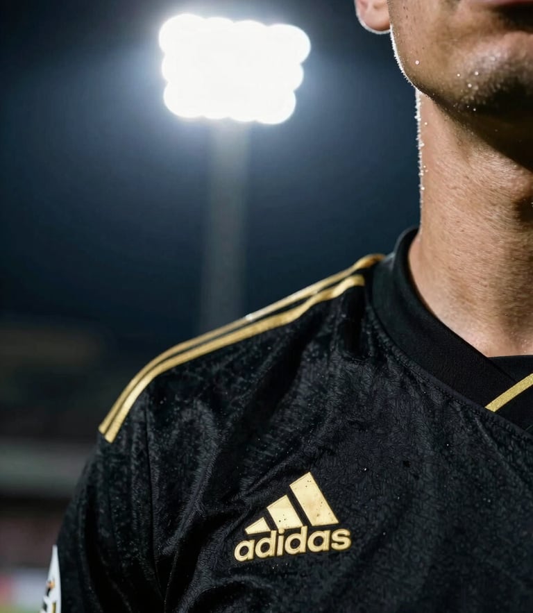 A close-up of a football supporter wearing a black jersey with gold details, dramatic high-contrast stadium floodlight illumination, deep shadows, 35mm