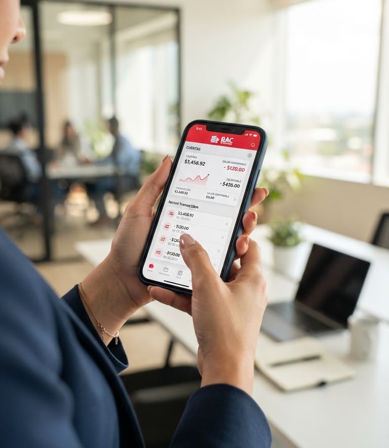 Close-up of a secure mobile device showing the official BAC Credomatic banking interface, held by a professional in a bright modern workspace, soft red tones, natural daylight.