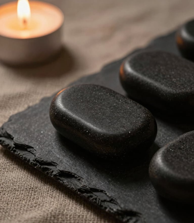 Close-up macro shot of warm, smooth dark basalt massage stones resting on textured natural linen, low-key moody candlelight, deep soft shadows, 35mm lens