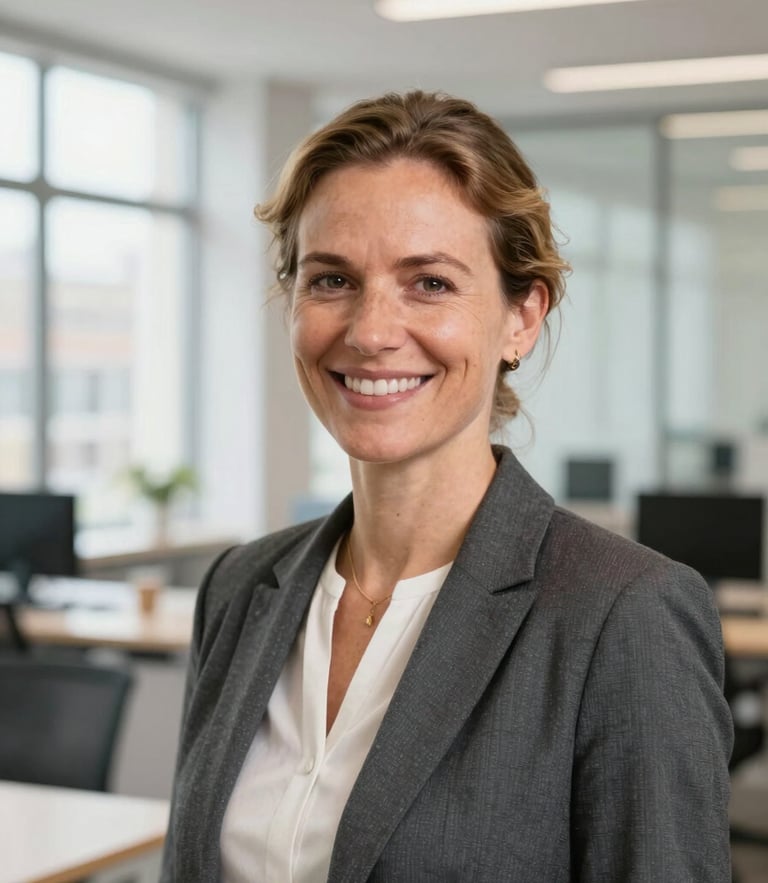 Medium close-up portrait of a warm, smiling female Dutch legal expert in a bright, modern, daylight-filled Amsterdam office, professional attire, modern editorial style.