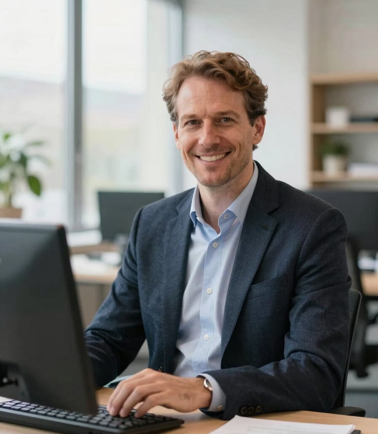Approachable Dutch legal expert in a bright, modern, light-filled office, professional and reassuring tone, shallow depth of field