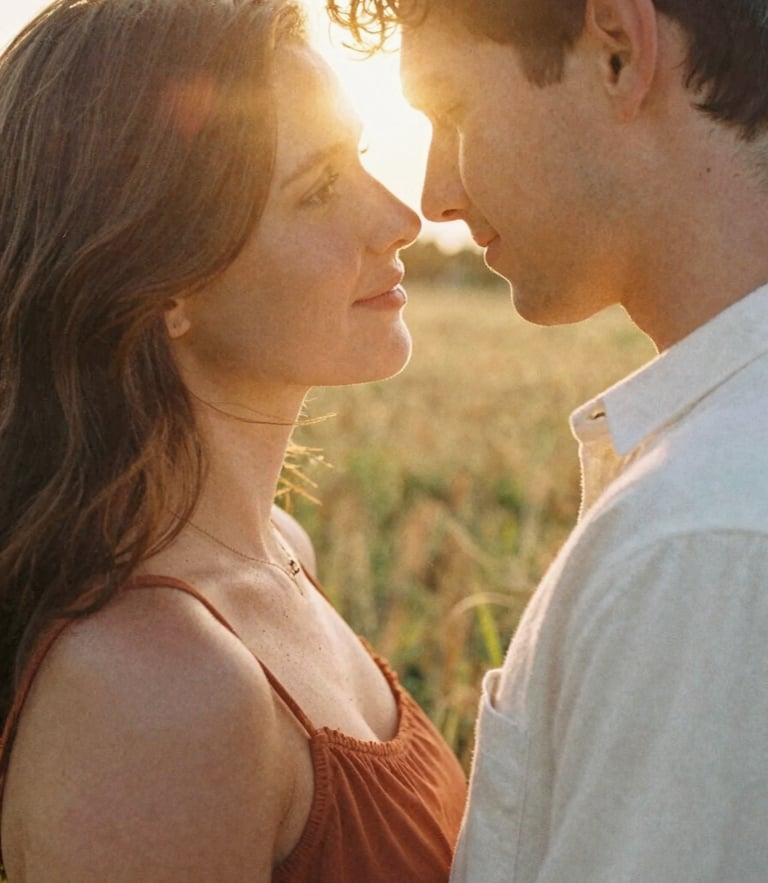 Close-up of a young couple embracing in a sun-drenched meadow, warm golden hour backlighting, soft lens flare, 35mm film grain