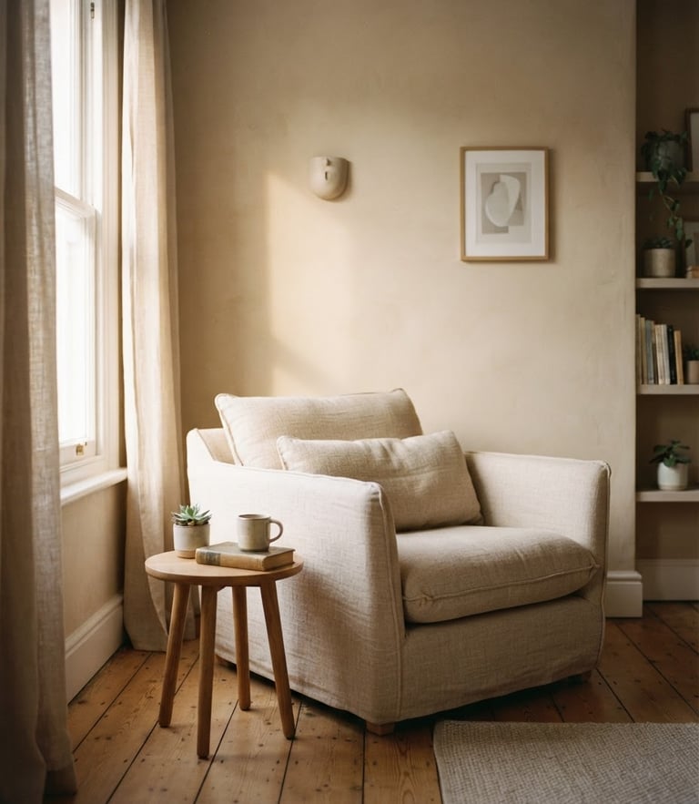 Softly lit empty therapy room with a comfortable linen armchair, warm morning light casting gentle shadows on a sand-colored wall, minimalist and calm atmosphere, 35mm photography