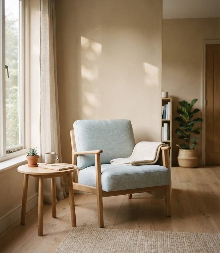 Softly lit empty therapy room with a light blue linen armchair, warm morning light casting gentle shadows on a sand-colored wall, minimalist editorial feel