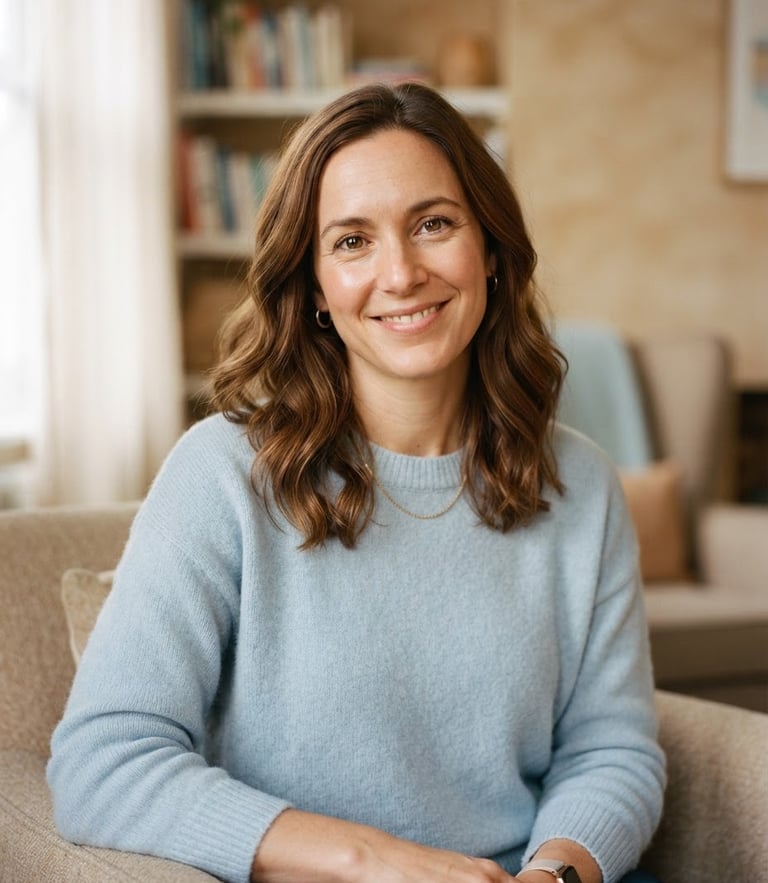 A warm authentic portrait of a female therapist in her late 30s, smiling gently, soft morning daylight, muted sand and pale blue tones, shallow depth of field, 35mm