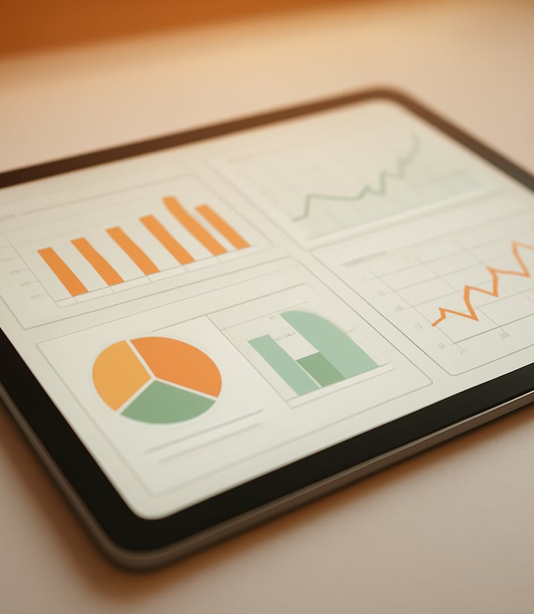 Crisp macro shot of a sleek tablet interface showing structured clinical data charts, warm orange ambient lighting, clean clinical daylight, 35mm