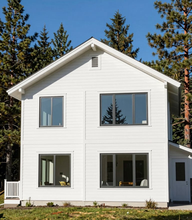 Bright architectural photography of a pristine mountain home exterior with clean windows and siding, surrounded by pine trees, morning sun, 35mm