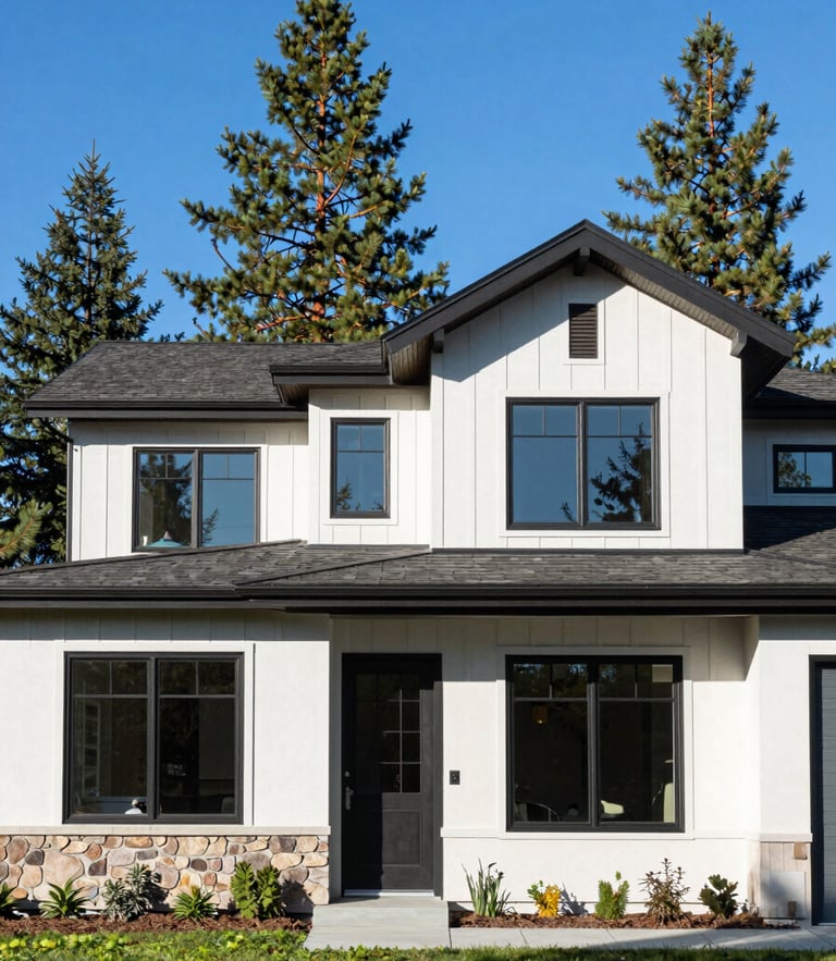 Bright architectural photography of a modern home exterior in Bonners Ferry, Idaho, crisp morning daylight, pine trees in background, sharp focus, 35mm