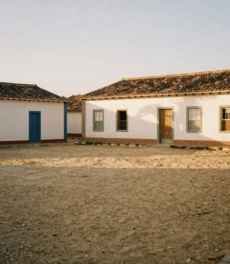 Warm sun-washed traditional public square in Ceará interior, soft golden-hour light, rustic architecture, 35mm photography
