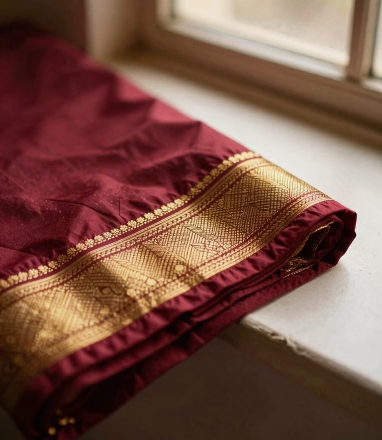 Macro close-up of folded crimson silk saree with intricate gold zari borders, soft golden-hour window light, shallow depth of field, 35mm
