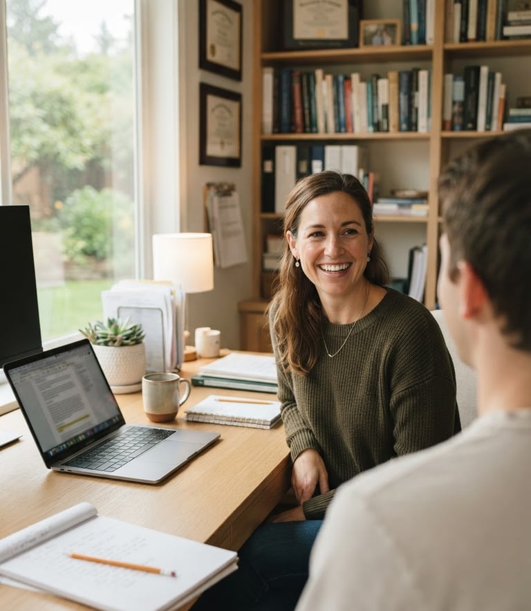 A professional academic counselor in a bright home office, smiling warmly, over-the-shoulder view of a clean workspace, soft daylight