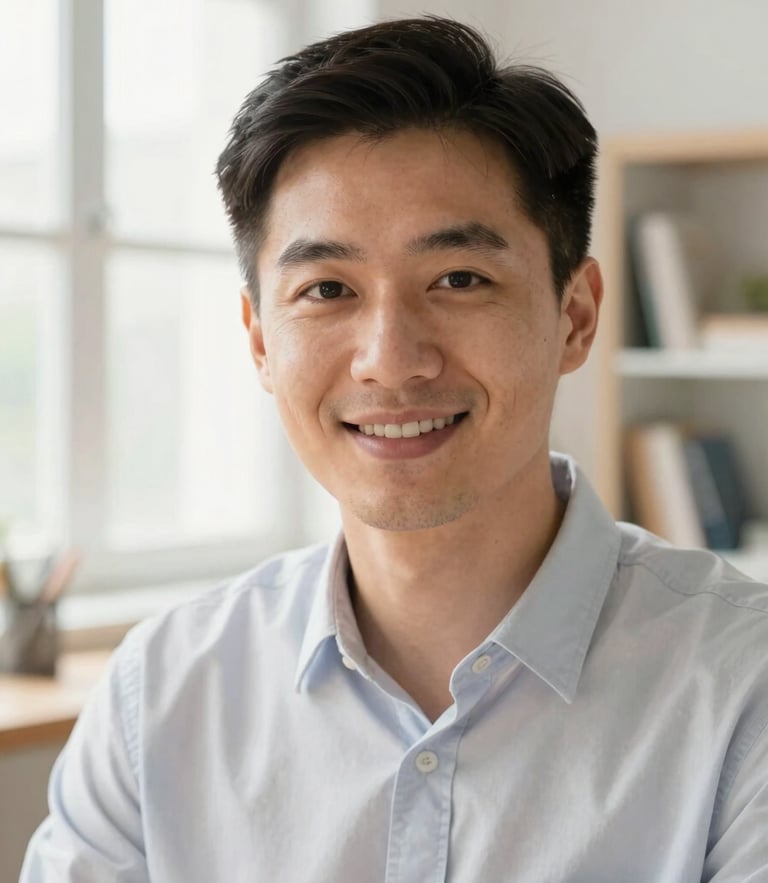 Medium close-up of a tutor looking directly at the camera with a warm, professional expression, bright natural window light, clean home workspace background.