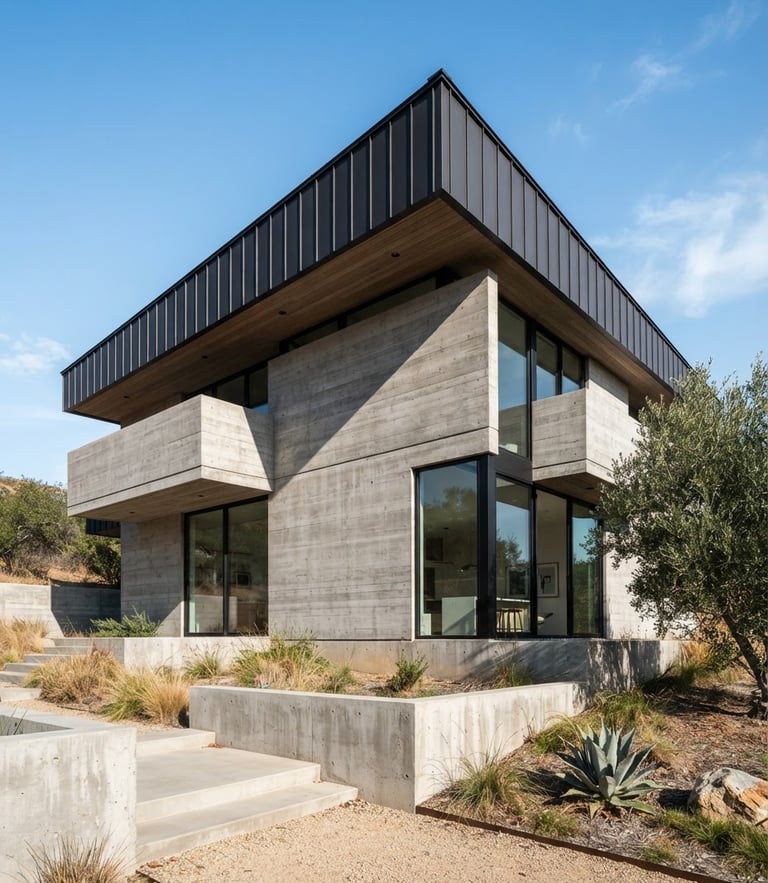 Low-angle architectural exterior shot of a modern minimalist home with a dark charcoal metal roof, sharp geometric shadows cast by harsh direct sunlight, concrete walls, 35mm lens.