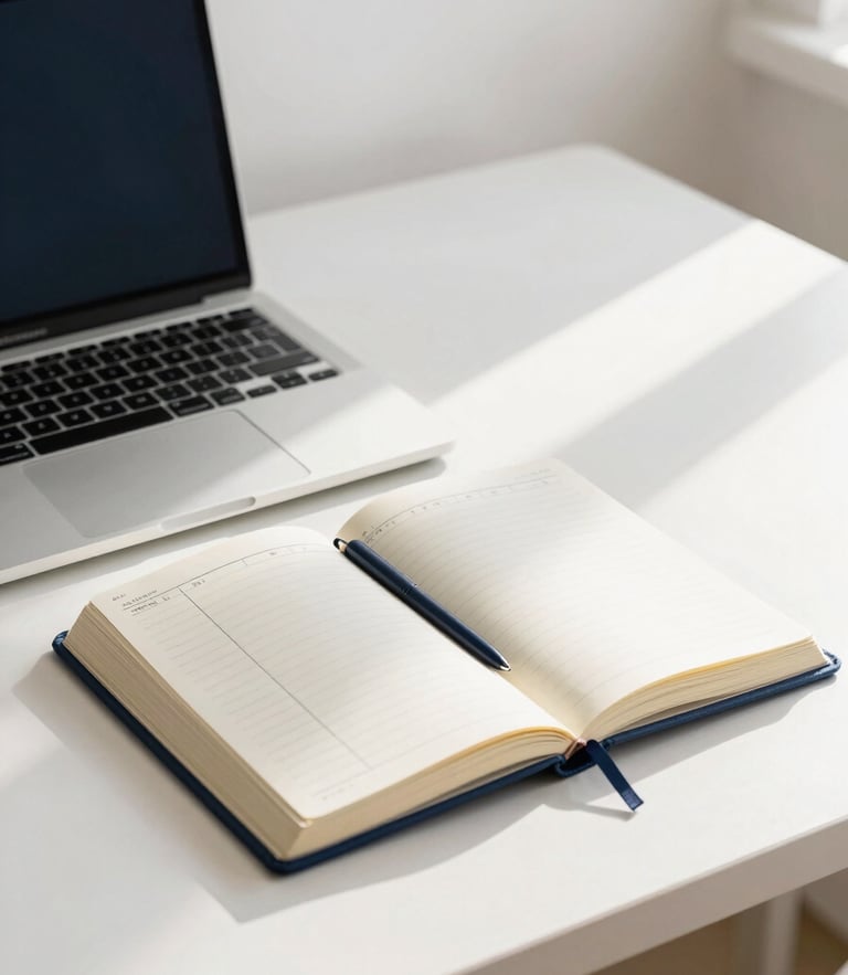 A bright, clean desk setup with a modern laptop, an open physical planner showing neat columns, soft natural window light casting gentle shadows, muted navy accents