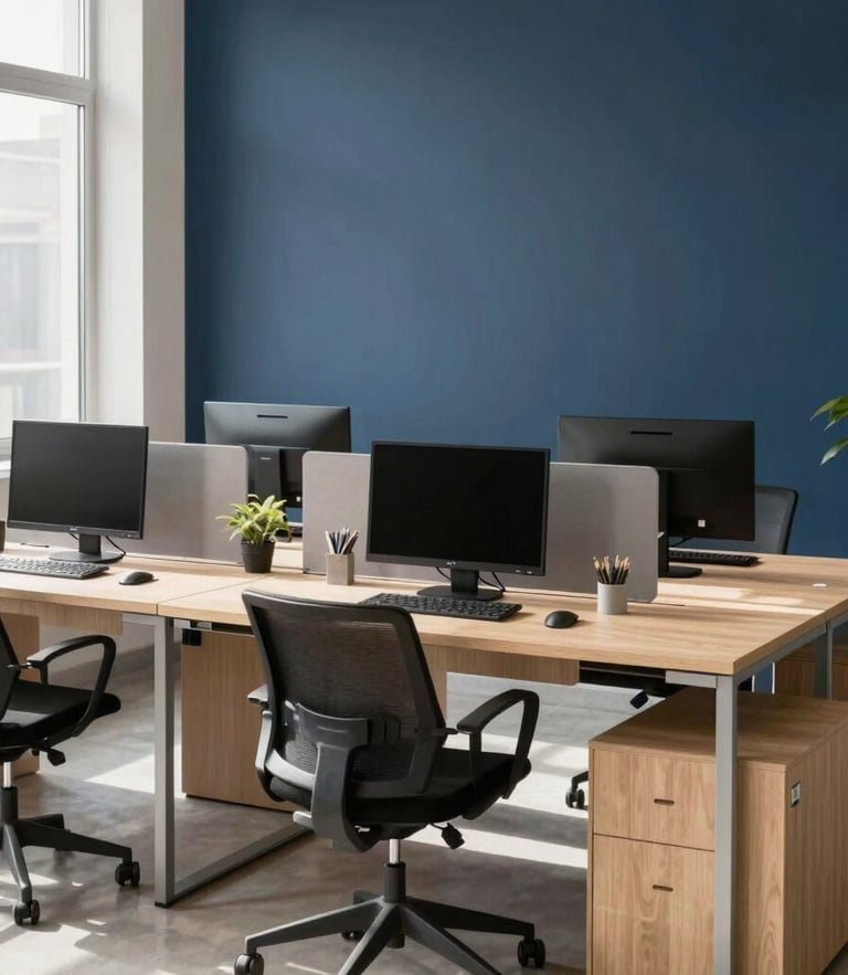A wide environmental shot of a modern, organized office workspace with a clean desk setup, bright natural window light casting soft shadows, muted navy and warm sand tones, 35mm lens.