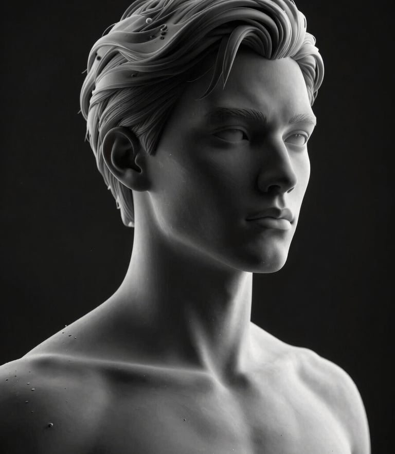 Hyper-realistic synthetic human model with dramatic key lighting, dark monochrome studio background, ultra-detailed 8k render
