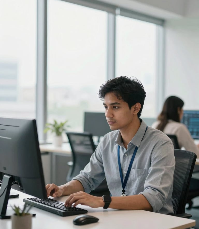 A professional remote software engineer working in a bright, modern Bangalore office with natural daylight streaming through large windows, shallow depth of field, 35mm.