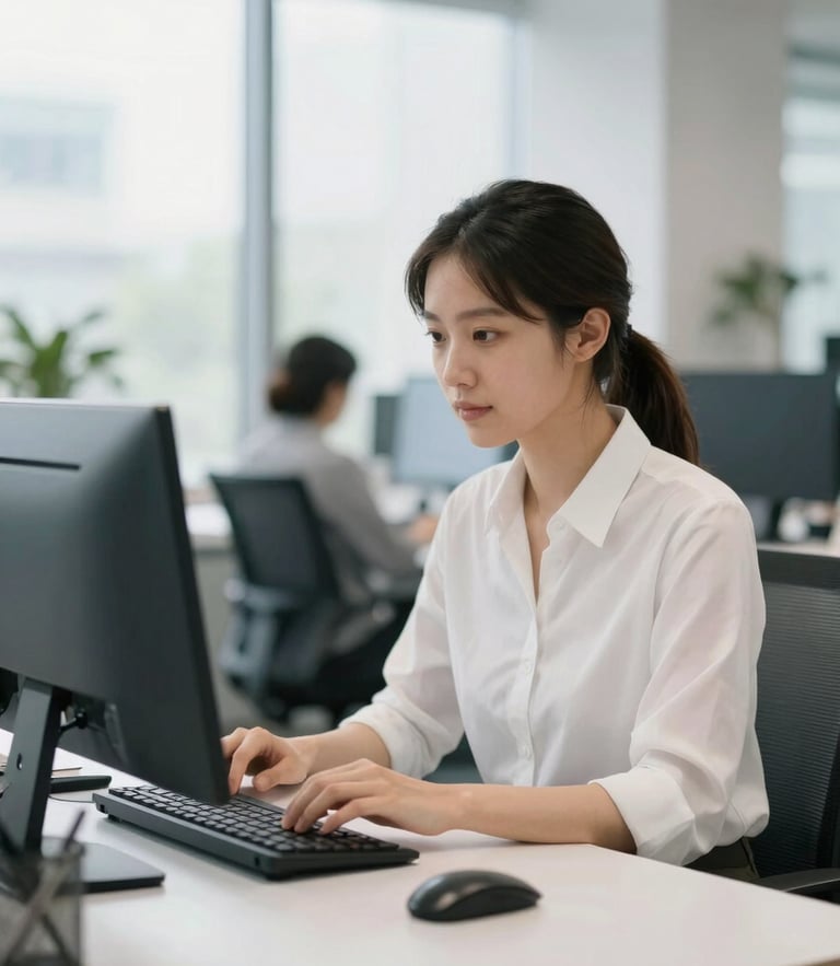 A focused female software engineer working in a modern, bright tech office with soft daylight, shallow depth of field, 35mm
